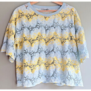 Zara Pastel Lace Sheer Floral Top Blue Yellow Chevron Scallop Flutter Sleeve L